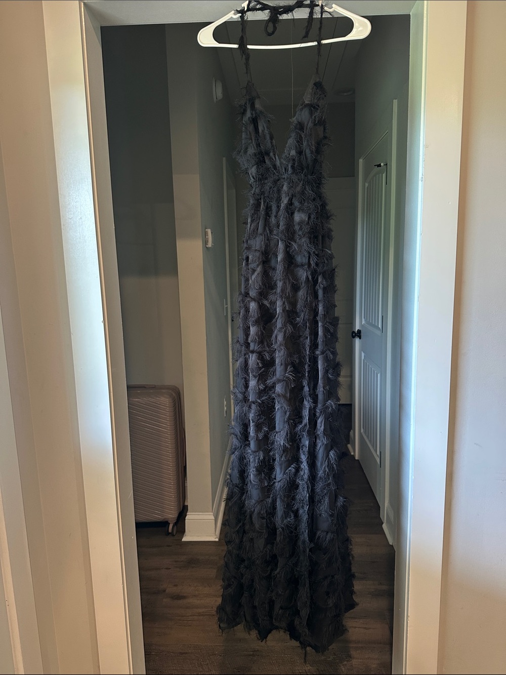 Black Feather-Texture Halter Maxi Dress
